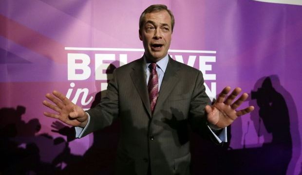 UK Independence Party (UKIP) leader Nigel Farage leaves the stage after delivering his first major speech of UKIP's 2015 general election campaign on Canvey Island, England, on February 12, 2015. (AP Photo/Tim Ireland, File)