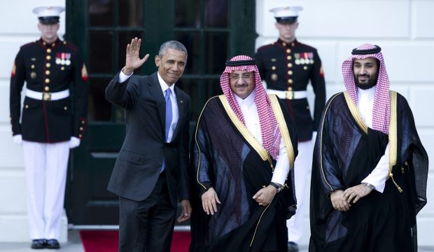 President Barack Obama (L) greets Saudi Arabia's Deputy Prime Minister and Minister of the Interior, Crown Prince Mohammed Bin Naif (C), and Second Deputy Prime Minister and Minister of Defense, Deputy Crown Prince Mohammed Bin Salman (R), as they arrive at the South Lawn of the White House in Washington, DC, on May 13, 2015. (AP Photo/Manuel Balce Ceneta)