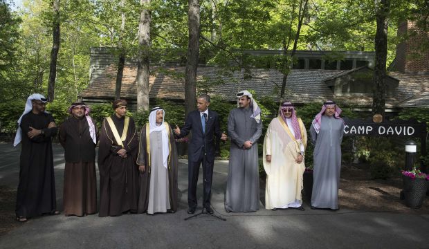US President Barack Obama (C) speaks to the press with leaders of the Gulf Cooperation Council (GCC) at the end of a summit meeting at Camp David in Maryland on May 14, 2015. (AFP/Nicholas Kamm)