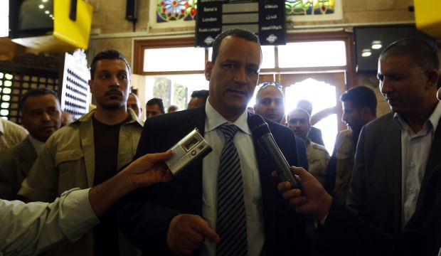 The new UN envoy to Yemen Ismail Ould Cheikh Ahmed speaks to reporters upon his arrival at Sana'a International Airport, Yemen, on May 12, 2015. (EPA/Yahya Arhab)