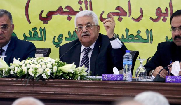 A handout photograph supplied by the Palestinian Authority (PA) shows Palestinian President Mahmoud Abbas as he addresses the Revolutionary Council in the West Bank town of Ramallah, on June 16, 2015. (EPA/Osama Falah)