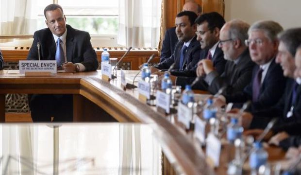 UN Special Envoy for Yemen Ismail Ould Cheikh Ahmed (L) meets the Group of Sixteen Ambassadors during a preparatory meeting on the eve of the Geneva Consultations on Yemen at the European headquarters of the UN, in Geneva, Switzerland, on June 14, 2015. (EPA/Laurent Gillieron)