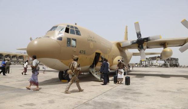 A Saudi military cargo plane is seen at the international airport of Yemen's southern port city of Aden, on July 24, 2015. (Reuters/Faisal Al-Nasser)