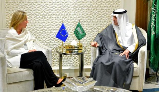Saudi Arabia’s Foreign Minister Adel Al-Jubeir (R) meets with EU foreign policy chief Federica Mogherini in the Saudi capital Riyadh, on July 27, 2015. (Saudi Press Agency) 