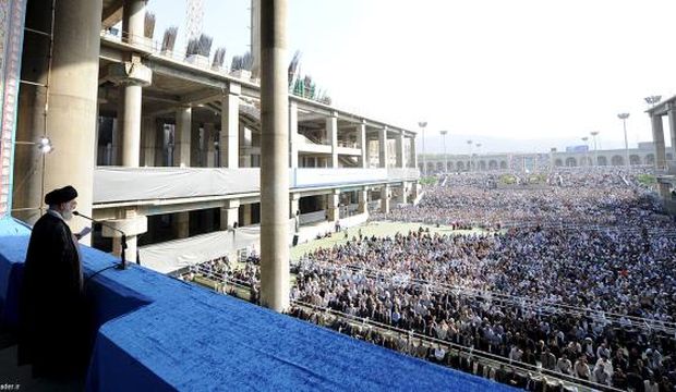 Iran's Supreme Leader Ayatollah Ali Khamenei delivers a sermon during morning prayers for the Eid Al-Fitr holiday, marking the end of the holy month of Ramadan, at the Imam Khomeini Grand Mosque in central Tehran, on July 18, 2015. (Reuters/leader.ir/Handout) 