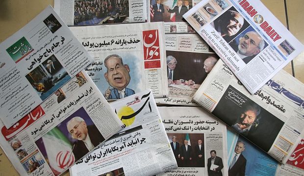 A picture taken in Tehran on March 4, 2015 shows the front pages of Iranian newspapers displaying headlines in response to Israeli Prime Minister Benjamin Netanyahu's speech to the United States Congress regarding Iran's nuclear program. (Atta Kenare/AFP/Getty Images)