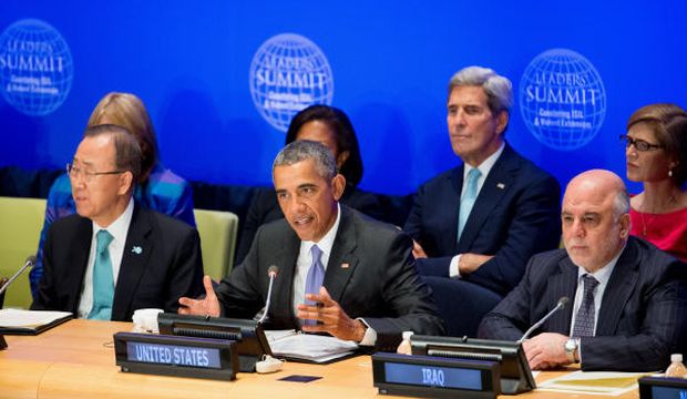 President Barack Obama, accompanied by Iraqi Prime Minister Haider Al-Abadi (R) and United Nations Secretary General Ban Ki-moon (L), speaks as he chairs a UN counterterrorism summit in New York, at the United Nations headquarters, on September 29, 2015. (AP Photo/Andrew Harnik)