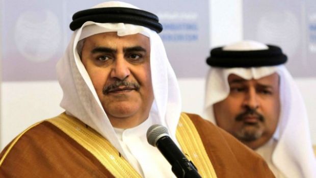 Bahraini Foreign Minister Sheikh Khalid Bin Ahmed Al Khalifa speaking with journalists at a conference focused on combating international terror financing in Manama, Bahrain, on November 9, 2014. (AP/Hasan Jamali)