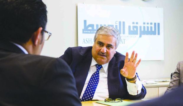 Bahrain’s Foreign Minister Sheikh Khalid Bin Ahmed Al Khalifa speaking at the headquarters of Asharq Al-Awsat in London on Wednesday October 14, 2015. (Asharq Al-Awsat/James Hanna)