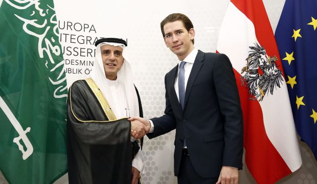 A photo provided by the Austrian Foreign Ministry (Aussenministerium) shows Austrian Foreign Minister Sebastian Kurz (R) welcoming Saudi Foreign Minister Adel Al-Jubeir (L) during an official meeting in Vienna, Austria, 22 October 2015.  (EPA/AUSSENMINISTERIUM)