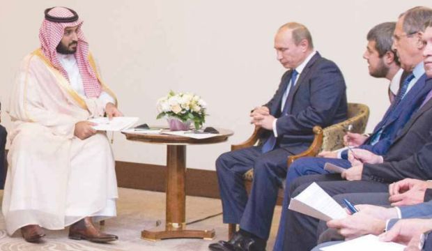 Saudi Arabia’s Deputy Crown Prince Mohammed Bin Salman speaks with Russian President Vladimir Putin during a meeting in Sochi, Russia, on October 11, 2015. (Saudi Press Agency)