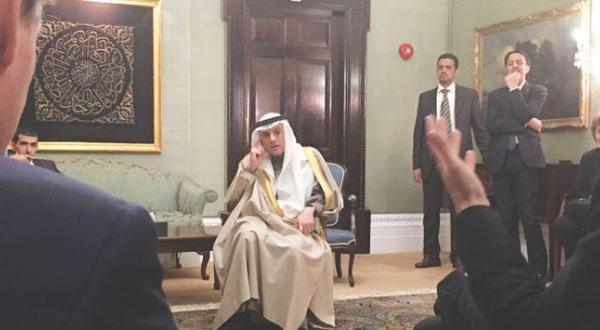 The Saudi Foreign Minister speaking to reporters at the Saudi Embassy in London yesterday (Adhwan Al-Ahmari)
