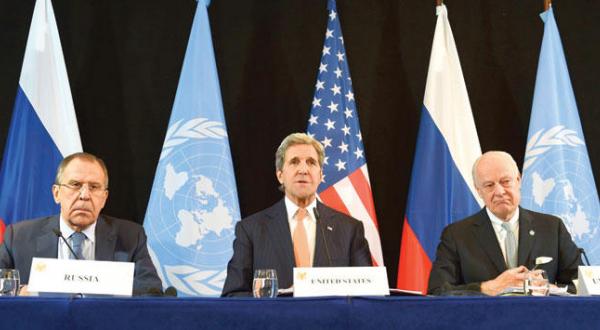 Russian Foreign Minister Sergey Lavrov, US Secretary of State John Kerry and UN special envoy on Syria Staffan de Mistura (L-R) hold a press conference following a meeting of the International Syrian Support Group (ISSG) on February 11, 2016 in Munich, Germany.