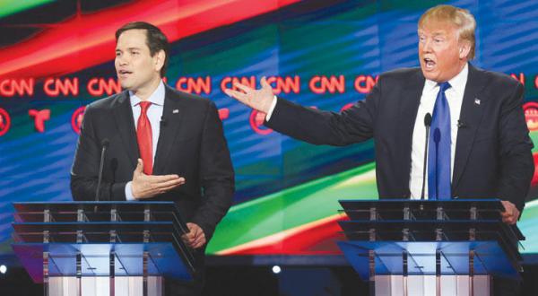 Trump (right) and Rubio during the debate that brought them together with other Republican candidates in Houston, Texas on Thursday night (EPA)