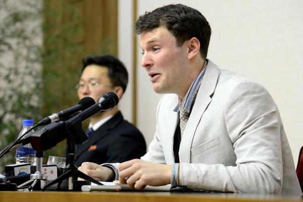 US student Otto Frederick Warmbier , who is arrested for committing hostile acts against North Korea, speaking at a press conference in Pyongyang.