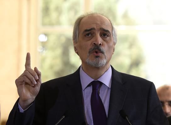 Syrian Ambassador to the United Nations (UN) and Head of the Government delegation Bashar al-Jaafari speaks during a press conference in Geneva on March 14, 2016 on the first day of the second round of Syrian peace talks at the UN headquarter./ AFP PHOTO / PHILIPPE DESMAZES