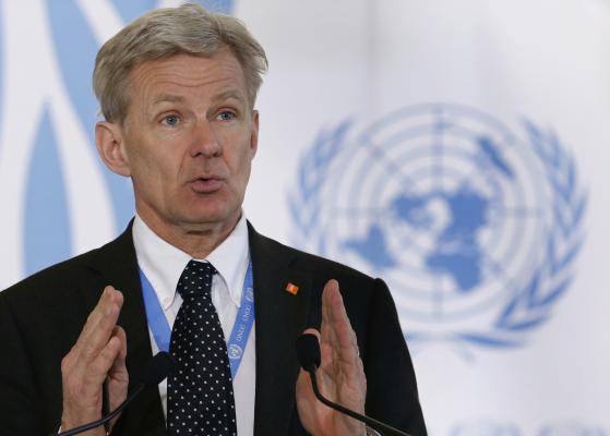 Special advisor to the United Nations Special Envoy for Syria Jan Egeland addresses a news conference after a meeting of the Task Force for Humanitarian Access at the U.N. in Geneva, Switzerland, March 17, 2016. REUTERS/Denis Balibouse