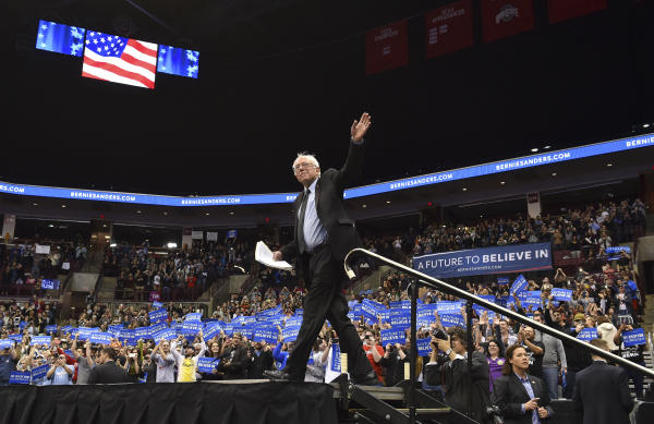 Bernie Sanders takes the stage Sunday during a rally at Ohio State University in Columbus. Democratic primaries in five states on Tuesday may show whether his increasingly strident attacks on Hillary Clinton are cutting into her lead. - Washington Post photo by Ricky Carioti