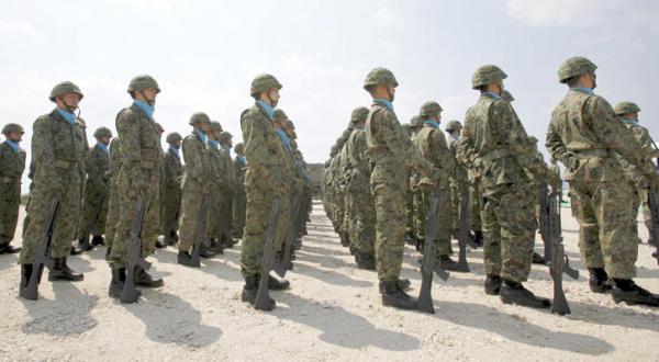 Troops from Japanese forces in a military base inauguration ceremony at Yonaguni Island