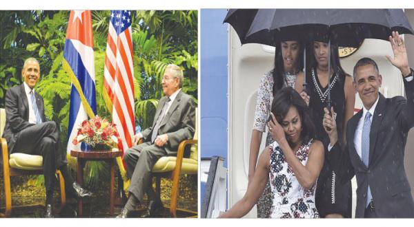 US President Barack Obama with the First Lady Michelle Obama and their two daughters when arriving to Havana on Sunday