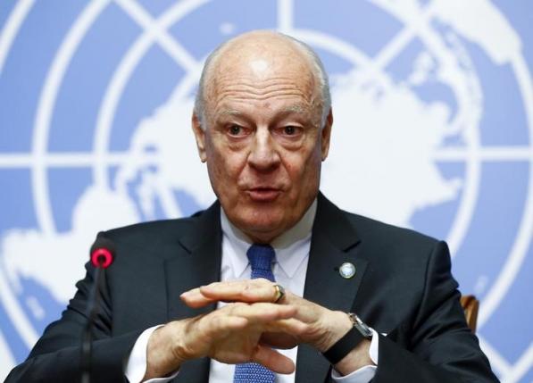 U.N. mediator for Syria Staffan de Mistura speaks to media on the U.N. sponsored Syria peace talks in Geneva, Switzerland March 14, 2016.  REUTERS/Ruben Sprich