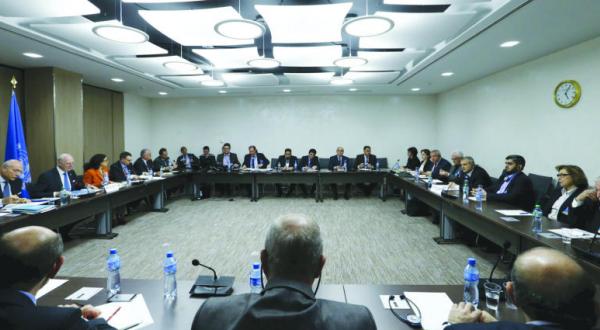 UN mediator for Syria Staffan de Mistura at a meeting with the Syrian opposition delegation in Geneva last Thursday (Reuters)